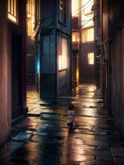 girl, short tight dress, black thong, street background, openlegs, night, narrow alley between houses, night, rain,