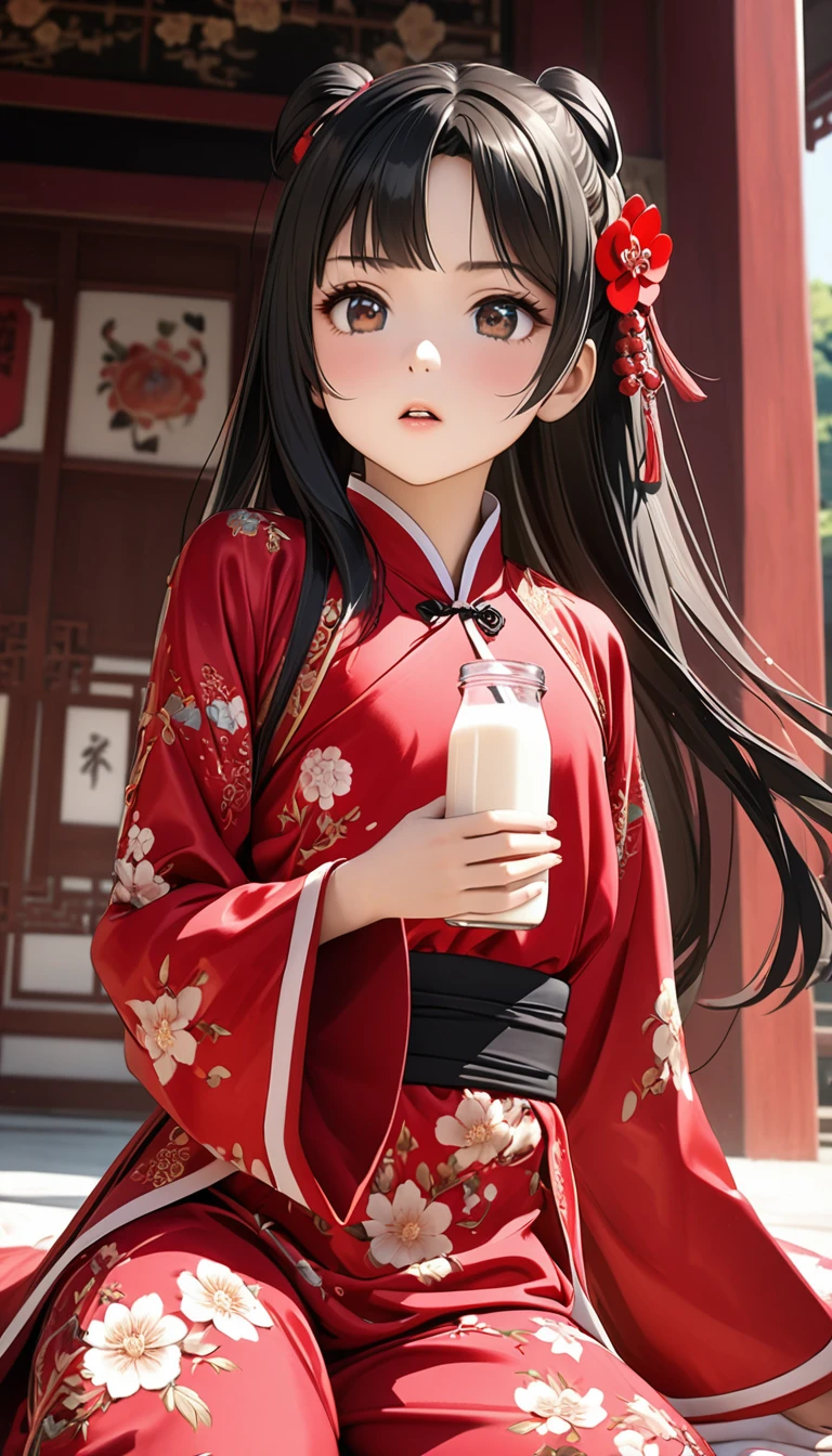 A tragic historical drama in 8k live-action style: Beautiful palace secrets　Beautiful 10 year old Chinese Kung Fu Princess with long black hair has milk overflowing from her nipples　Gorgeous embroidery, Ultra glossy, She is wearing a shiny red top and bottom long sleeve floral pajama kung fu suit....　　She&#39;s crying