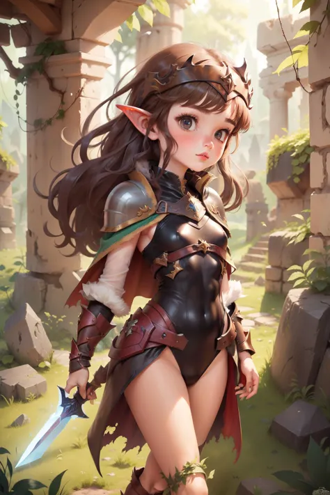 (high resolution)，1 girl， alone, low length，small breasts，very thin thighs，goblin girl in armor，anna of arendelle，warrior，sword，...