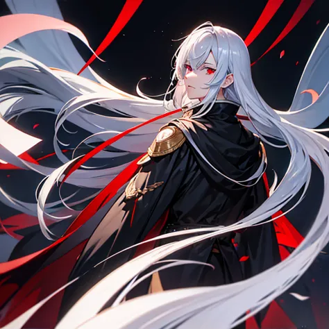 Male character, silver hair, Red eyes, wears a black robe