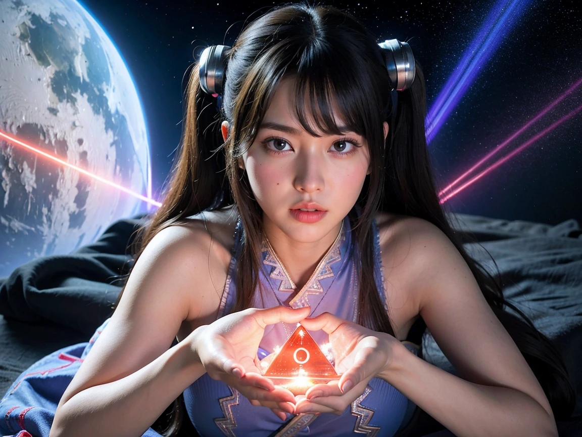 (RAW Photos, Highest quality), (Realistic, Photorealistic:1.3), 1 Girl、Realisticbody、Old shrine maiden costume、Pyramid-shaped UFO floating in space、Laser light、Looking into the camera