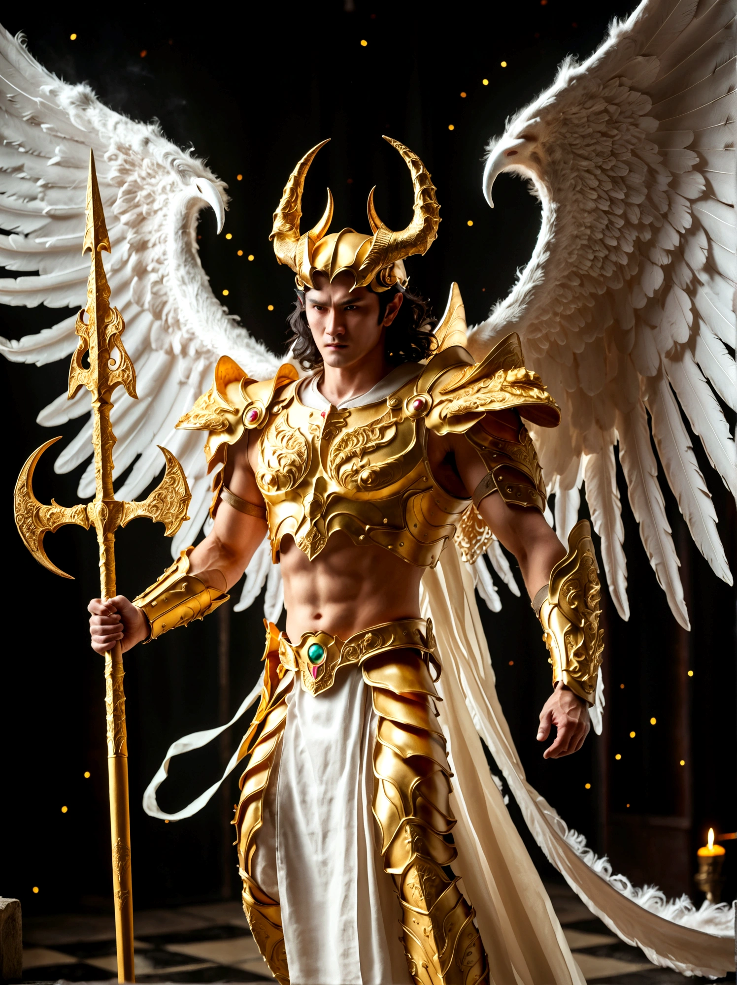 Un hombre con alas de ángel y cuernos de demonio empuñando una lanza dorada.