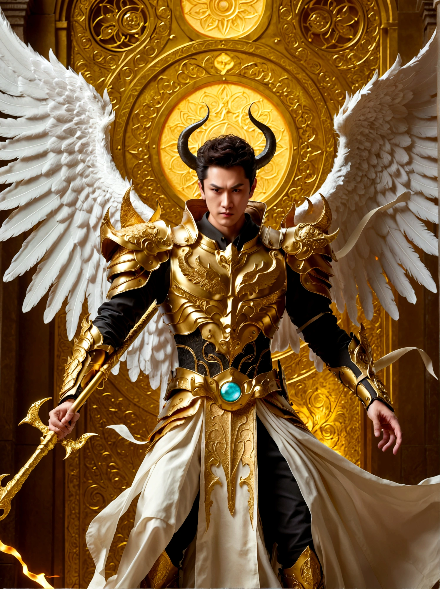 Un hombre con alas de ángel y cuernos de demonio empuñando una lanza dorada.