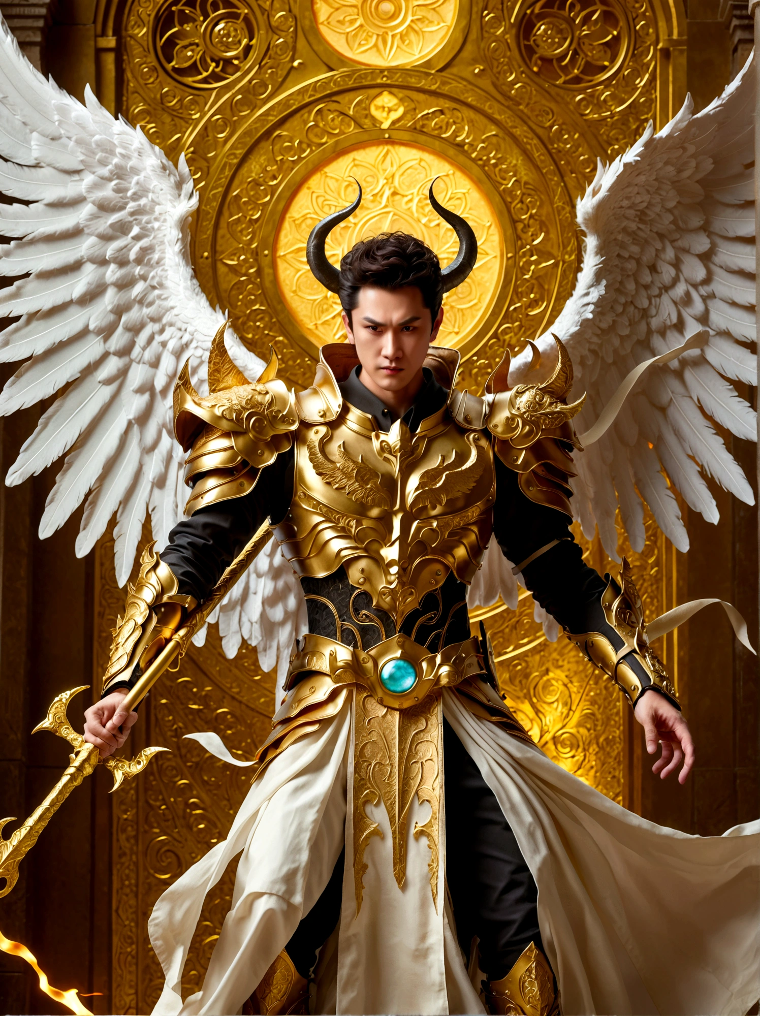 A man with angel wings and demon horns wielding a golden spear