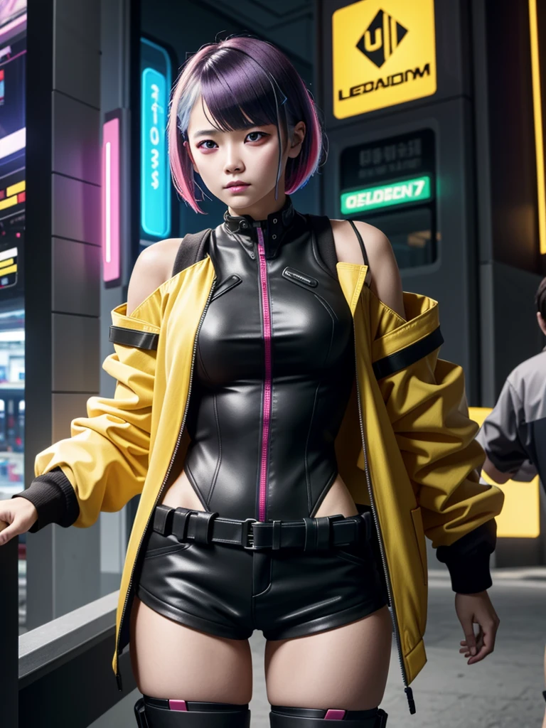 LucyEdge, 1girl, lucy (cyberpunk), jacket, solo, cyberpunk, multicolored hair, yellow jacket, leotard, bangs, breasts, red eyeliner, short hair, looking at viewer, makeup, open clothes, bare shoulders, shorts, open jacket, cyborg
camel toe, มองเห็น ทะลุ เสื้อผ้าและกางเกง, นั่งกางขา,