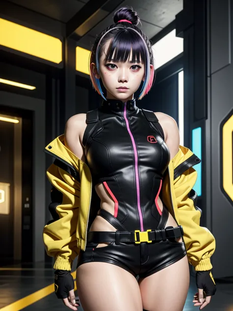 lucyedge, 1girl, lucy (cyberpunk), jacket, solo, cyberpunk, multicolored hair, yellow jacket, leotard, bangs, breasts, red eyeli...