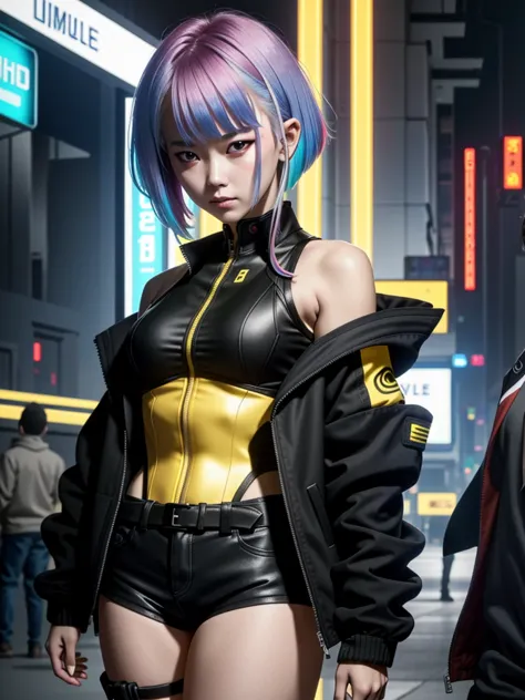 lucyedge, 1girl, lucy (cyberpunk), jacket, solo, cyberpunk, multicolored hair, yellow jacket, leotard, bangs, breasts, red eyeli...