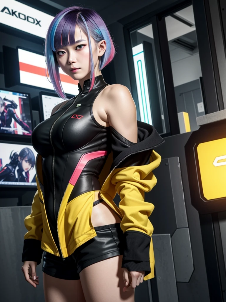 LucyEdge, 1girl, lucy (cyberpunk), jacket, solo, cyberpunk, multicolored hair, yellow jacket, leotard, bangs, breasts, red eyeliner, short hair, looking at viewer, makeup, open clothes, bare shoulders, shorts, open jacket, cyborg
camel toe, มองเห็น ทะลุ เสื้อผ้าและกางเกง, นั่งกางขา,