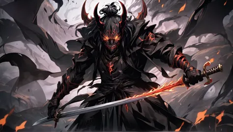 demon mask, sword on the back,close up, black heavy detailed clothes, hand katana, art, dark and malevolent, hand sword, armor, ...
