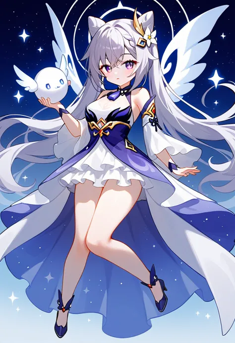 chibi score_9,score_8_up,score_7_ anime girl in a blue dress holding a white ball, anime goddess, lunar themed attire, beautiful...