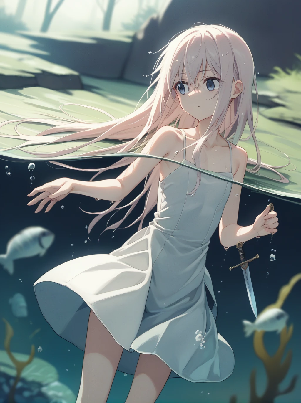  partially underwater, 
One Girl, Long Hair, Wet Hair,
White Dress, Swamp,
Dark Background, Blurred Edges,8-year-old、Adventurer、Flat Chest、Pitch-dark underground labyrinth、No light、skirt、Equipped with a dagger and a shield、Above the neck above the water、Body in water, Underwater Photography、浮力でskirtがめくれる