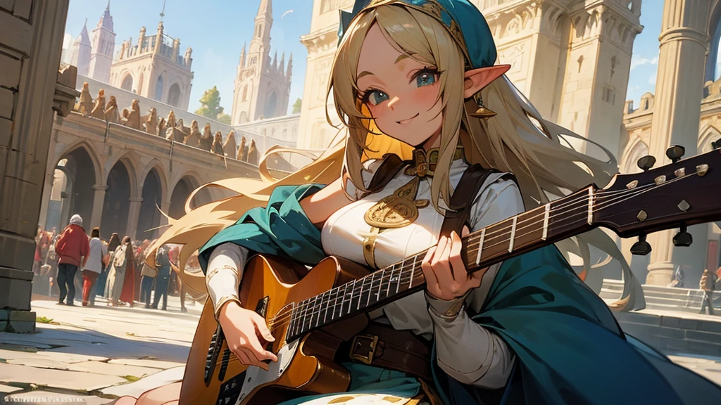 Anime Style,Nostalgic,Detailed background,The medieval world,A bustling square with many people,Smiling bard beautiful elf girl,guitar,Large Breasts,Underarm,Tower of Babel