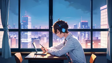 a handsome boy studying at a desk by the window while listening to music on headphones in a high-rise building with a view of th...