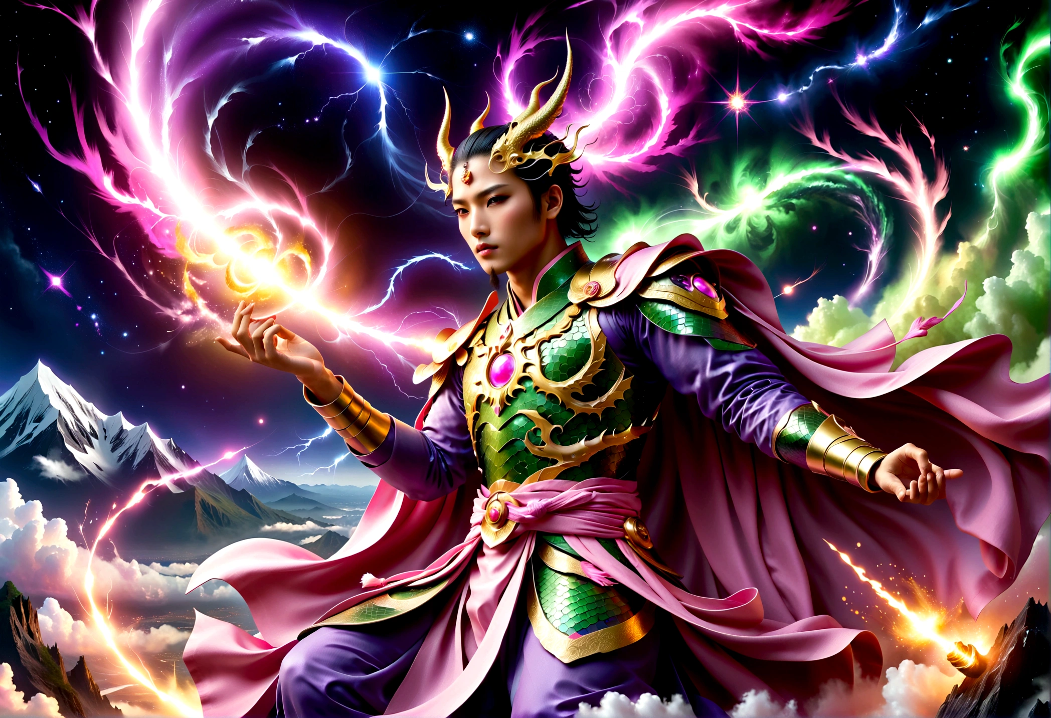 An epic clash between divine beings. The sky showcases extravagant shades of violet, pink, and gold against the backdrop of stars and galaxies. One fierce deity, an East Asian male with burning eyes and white attire, summons lightning, illuminating the battlefield. The other entity, a Middle Eastern female exhibiting serene calm, clad in a flowing green robe, wields a tome radiating ethereal light. Above, cosmic dragons twist and coil, their scales shimmering with stardust as they roar in anticipation. Below, an earth transformed by the battle displays crumbled mountains, roaring oceans, and forests set alight.