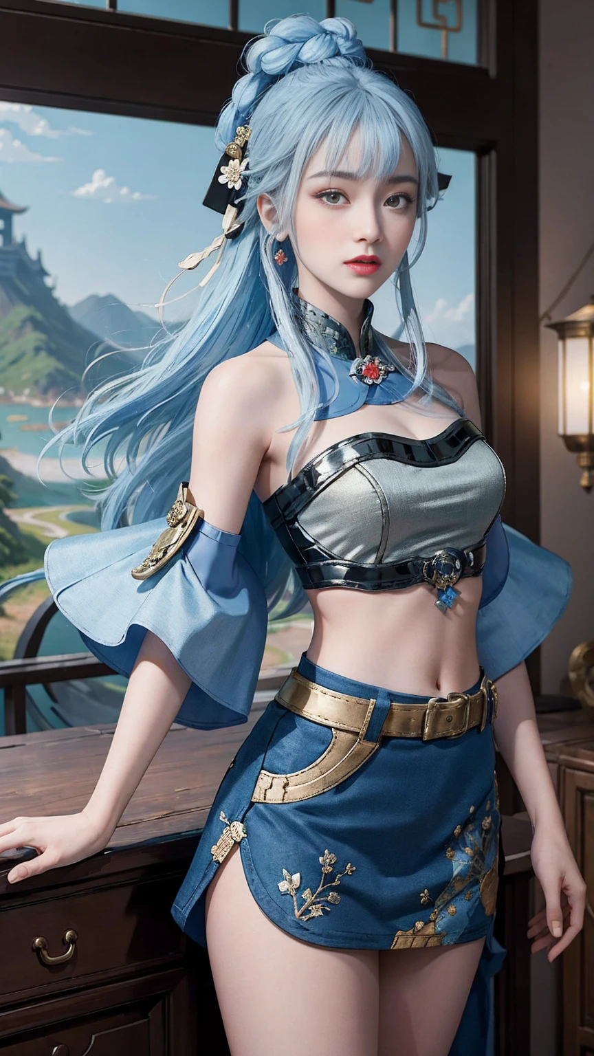 ((pretty face)), The face is extremely delicate,(best quality),(Very detailed cg 8k wallpaper), masterpiece, extremely del-0000((big breasts)), 1 girl, alone, long hair, looking at the audience, hair accessories, skirt, Keep, bare shoulders, Keep your mouth shut, blue hair, yellow eyes, braid, artist name, cover navel, blue skirt, Chinese clothes, china skirt, hand fan, folding fan, light blue hair, Keep fan, Jordyn Whitmer, (masterpiece,best quality:1.5), (masterpiece,best quality:1.5), Hold the fan in your right hand, There is no fan in my left hand, Chinese Imperial Palace, Feudal China, wooden castle, lake, (lantern), shiny, (masterpiece,best quality:1.5), (masterpiece,best quality:1.5)