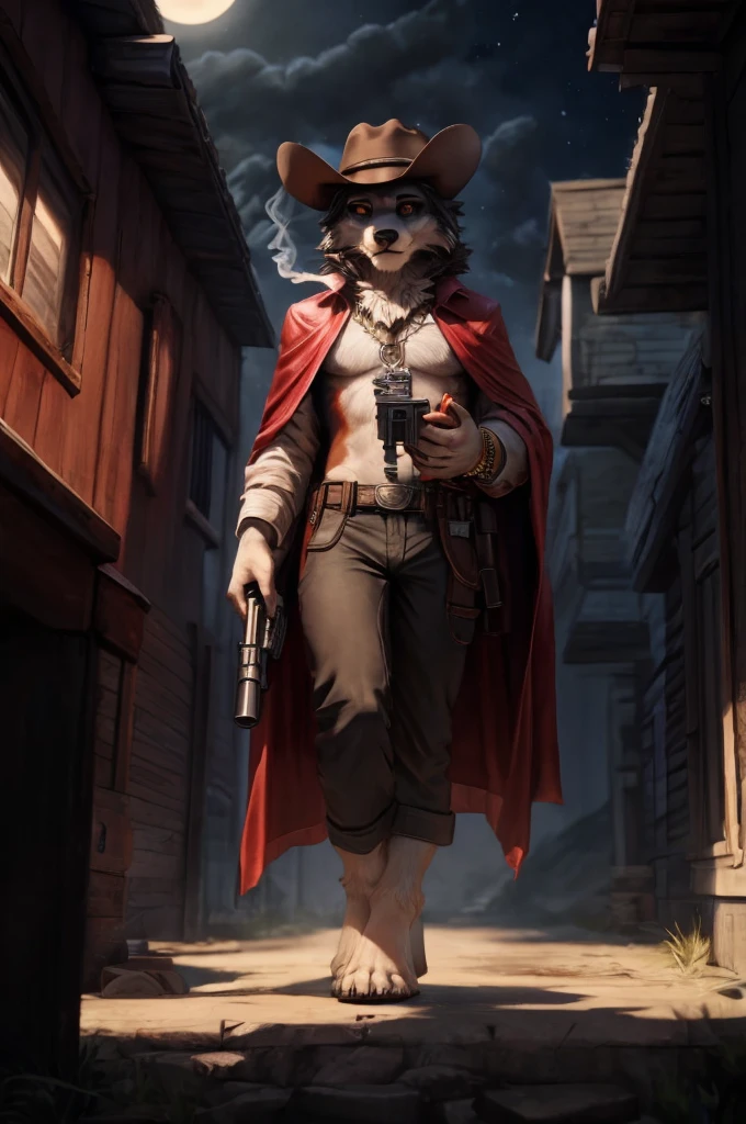 (((Barefoot furry character, full body, cinematic setting, furry male, plantigrade))) 

portrait, ((mysterious gunslinger)), ((holding smoking gun)), ((holding revolver)), long black fur, alone, strange, surreal, desolate, ghostly, eerie, lonely, solitude, short red cloak,red glowing eyes, fantastical, dangerous,night sky,red sky,  cinematic lighting, volumetric lighting, Film grain, cinematic film still, shallow depth of field, highly detailed, (western atmosphere), black cowboy hat

BREAK, intricate details, highly detailed, extreme detail, octane render, fine art, best quality, highres, (detailed face:1.5), ((full_body)), UHD, (((perfect hands))), low light