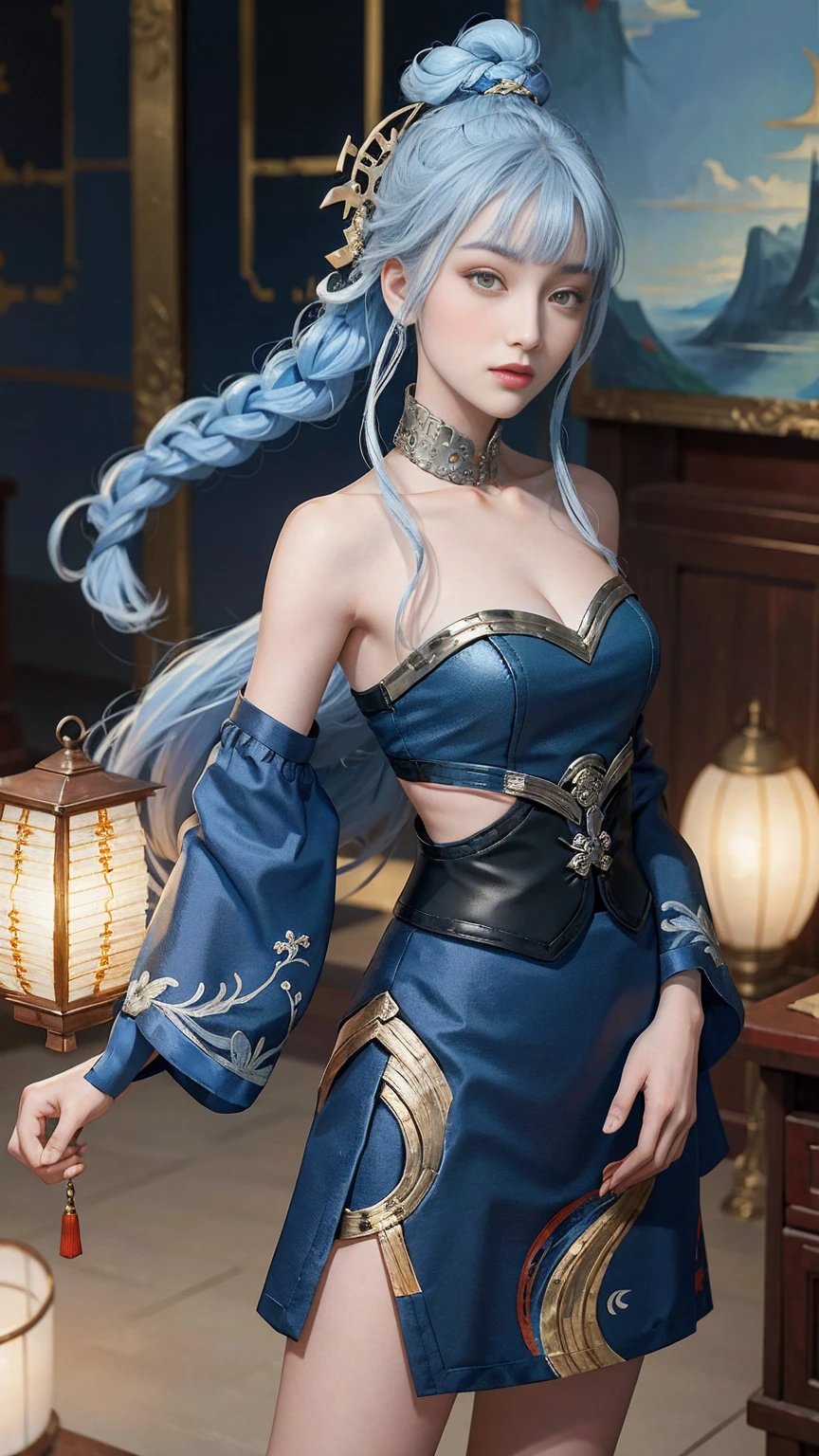 ((pretty face)), The face is extremely delicate,(best quality),(Very detailed cg 8k wallpaper), masterpiece, extremely del-0000((big breasts)), 1 girl, alone, long hair, looking at the audience, hair accessories, skirt, Keep, bare shoulders, Keep your mouth shut, blue hair, yellow eyes, braid, artist name, cover navel, blue skirt, Chinese clothes, china skirt, hand fan, folding fan, light blue hair, Keep fan, Jordyn Whitmer, (masterpiece,best quality:1.5), (masterpiece,best quality:1.5), Hold the fan in your right hand, There is no fan in my left hand, Chinese Imperial Palace, Feudal China, wooden castle, lake, (lantern), shiny, (masterpiece,best quality:1.5), (masterpiece,best quality:1.5)