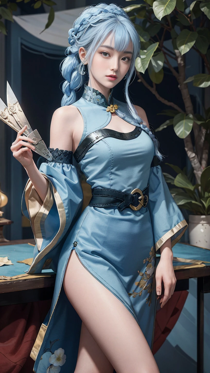 ((pretty face)), The face is extremely delicate,(best quality),(Very detailed cg 8k wallpaper), masterpiece, extremely del-0000((big breasts)), 1 girl, alone, long hair, looking at the audience, hair accessories, skirt, Keep, bare shoulders, Keep your mouth shut, blue hair, yellow eyes, braid, artist name, cover navel, blue skirt, Chinese clothes, china skirt, hand fan, folding fan, light blue hair, Keep fan, Jordyn Whitmer, (masterpiece,best quality:1.5), (masterpiece,best quality:1.5), Hold the fan in your right hand, There is no fan in my left hand, Chinese Imperial Palace, Feudal China, wooden castle, lake, (lantern), shiny, (masterpiece,best quality:1.5), (masterpiece,best quality:1.5)