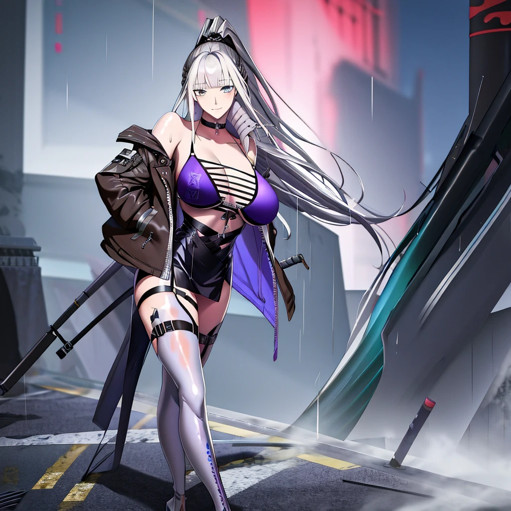 Anime girl with Long white cheveux and black cuir veste is marche down the street, Girl with argent cheveux, style animé 4k, oeuvre d&#39;art dans le style de guweiz, perfect gris cheveux girl, Style animé. 8k, guweiz, fille anime séduisante, guweiz sur pixiv artstation, fille animée cyberpunk, meilleur fond d'écran anime 4k konachan réaliste, frange, strictement droit cheveuxcut, Long cheveux, hors épaule, rainbow cheveux, énorme, blanc avec une nuance violette, haut soyeux, jambes nues, cuisse, clivage, clavicule, (fond d&#39;écran CG Unity 8k extrêmement détaillé, chef-d&#39;œuvre, Meilleure qualité, ultra-détaillé, meilleure ombre), (chef-d&#39;œuvre:1.2, Meilleure qualité),((Hétérochromie_yeux)(multicouleur yeux)
(l&#39;œil droit: rouge_couleur)
(oeil gauche: gris_couleur))
émoussé_frange, droit_frange, argent_frange, soigneusement_stylisé_frange, lisse_frange, strictement_droit_serrures latérales,
strictement_droite_cheveuxstyle, Long_cheveuxstyle, droit _coupé_cheveux, corps doux, Mignon, sangle de bras, cuisse strap, dehors, Extérieur, il pleut, nuit, mouillé cloths, debout, debout in the rain, mouillé cheveux, mouillé skin, voir à travers, (forte pluie), bâtiment en ruine, terrain en désordre, obus de balle au sol, poussière, blessures, marche, (cuir ( avec un ornement futuriste en diamant)veste), combinaison tactique, Équipement militaire, (nuit), collants blancs, mouillé cuisses, ((lotion)), par derrière, (mouillé), robe, jupe, , heureux, heureux expression, cuisses, par le bas, horizon, \(arme\)