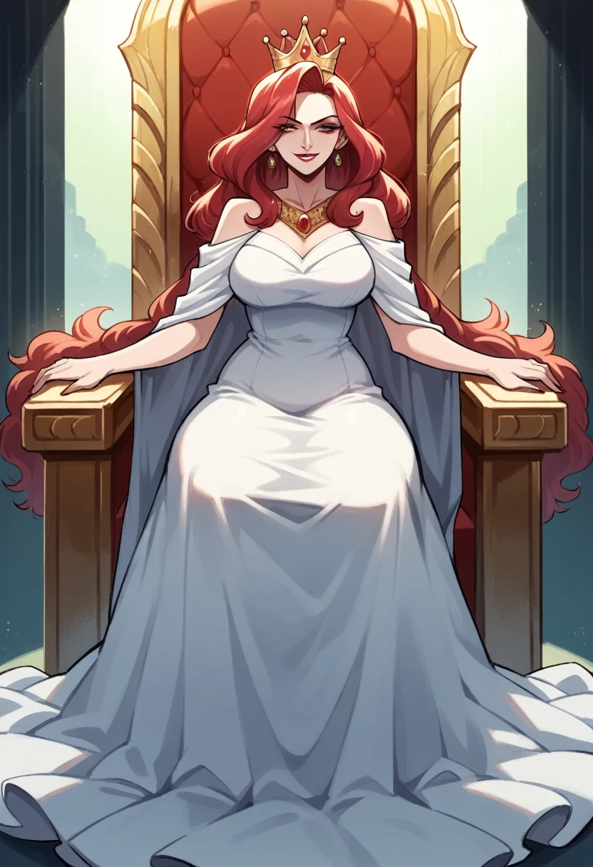 A beautiful woman sitting on a throne, pale skin and flowing red hair, medium legnth hair, dutchess in modest adornment, modest clothing, full dress, fur collar, pants under dress, warm colours, mature woman, sharp features, sly smile, evil queen