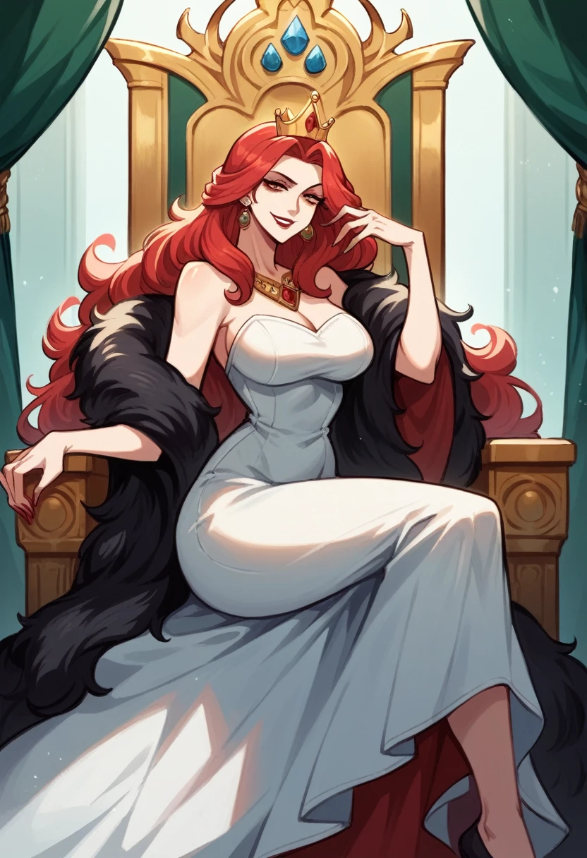 A beautiful woman sitting on a throne, pale skin and flowing red hair, medium legnth hair, dutchess in modest adornment, modest clothing, full dress, fur collar, pants under dress, warm colours, mature woman, sharp features, sly smile, evil queen