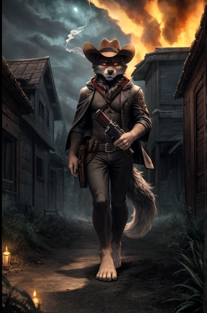 (((Barefoot furry character, full body, cinematic setting, furry male, plantigrade))) 

portrait, ((mysterious gunslinger)), ((holding smoking gun)), ((holding revolver)), long black fur, alone, strange, surreal, desolate, ghostly, eerie, lonely, solitude, short red cloak,red glowing eyes, fantastical, dangerous,night sky,red sky,  cinematic lighting, volumetric lighting, Film grain, cinematic film still, shallow depth of field, highly detailed, (western atmosphere), black cowboy hat

BREAK, intricate details, highly detailed, extreme detail, octane render, fine art, best quality, highres, (detailed face:1.5), ((full_body)), UHD, (((perfect hands))), low light