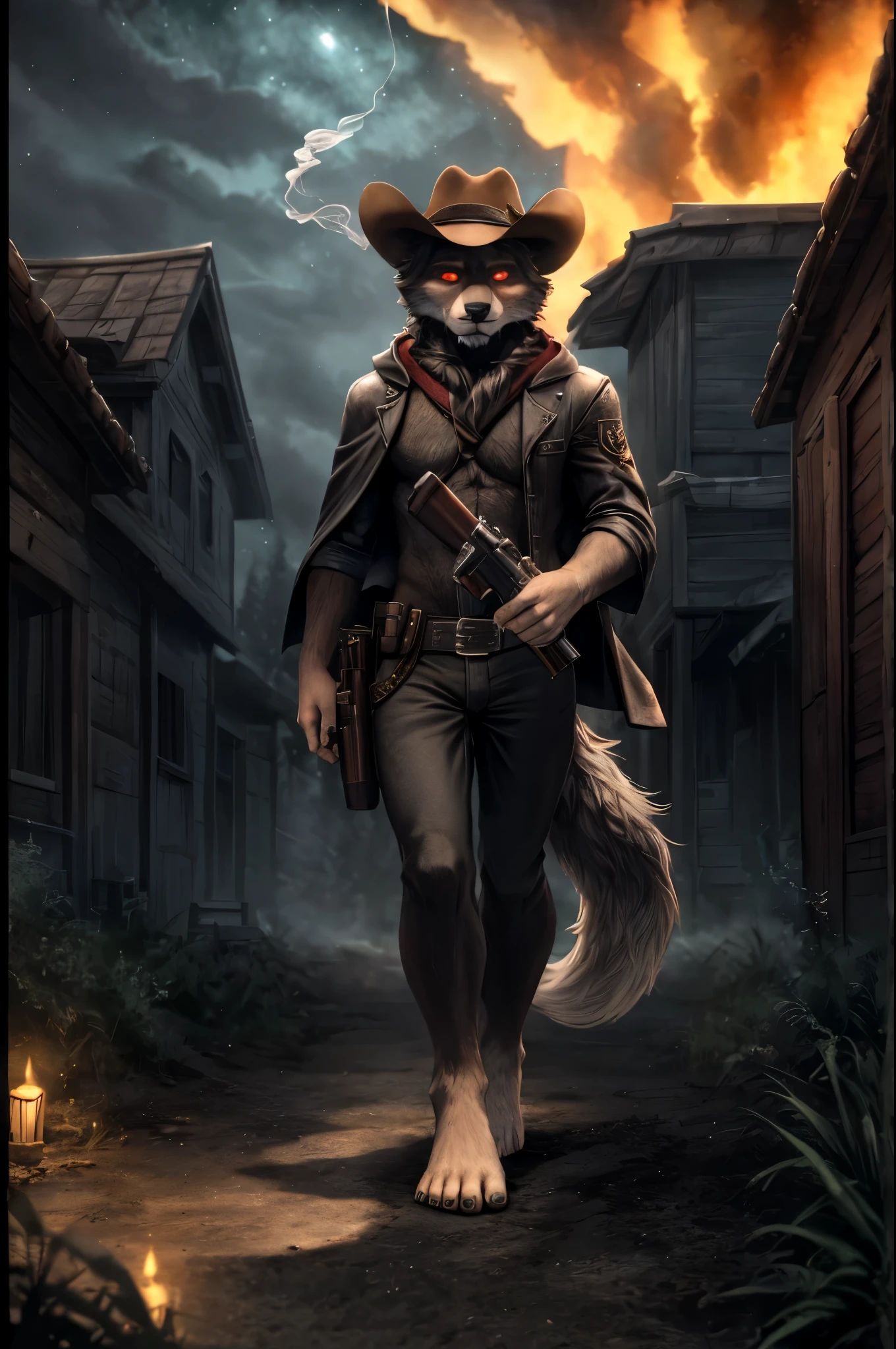 (((Barefoot furry character, full body, cinematic setting, furry male, plantigrade))) 

portrait, ((mysterious gunslinger)), ((holding smoking gun)), ((holding revolver)), long black fur, alone, strange, surreal, desolate, ghostly, eerie, lonely, solitude, short red cloak,red glowing eyes, fantastical, dangerous,night sky,red sky,  cinematic lighting, volumetric lighting, Film grain, cinematic film still, shallow depth of field, highly detailed, (western atmosphere), black cowboy hat

BREAK, intricate details, highly detailed, extreme detail, octane render, fine art, best quality, highres, (detailed face:1.5), ((full_body)), UHD, (((perfect hands))), low light