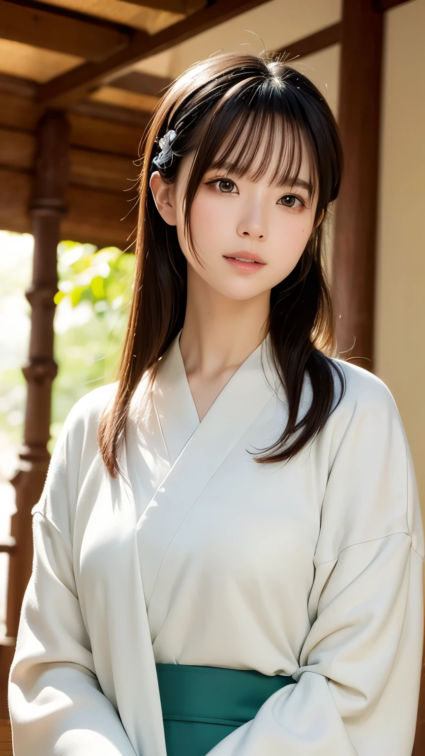 RAW Photos、Realistic、Actual Photos、Knee to upper body、((Highest quality,4K,8k,High resolution,masterpiece:1.2,Very detailed,Realistic,photoRealistic,photo-Realistic:1.37)),(1 female),A woman standing in a bamboo forest,One Girl,White kimono,beautiful kimono,Cute face,beautiful, Silky black hair,Grey Eyes,Stagnation,A tranquil bamboo forest,Full of greenery,Old landscape of Japan,bamboo forest,