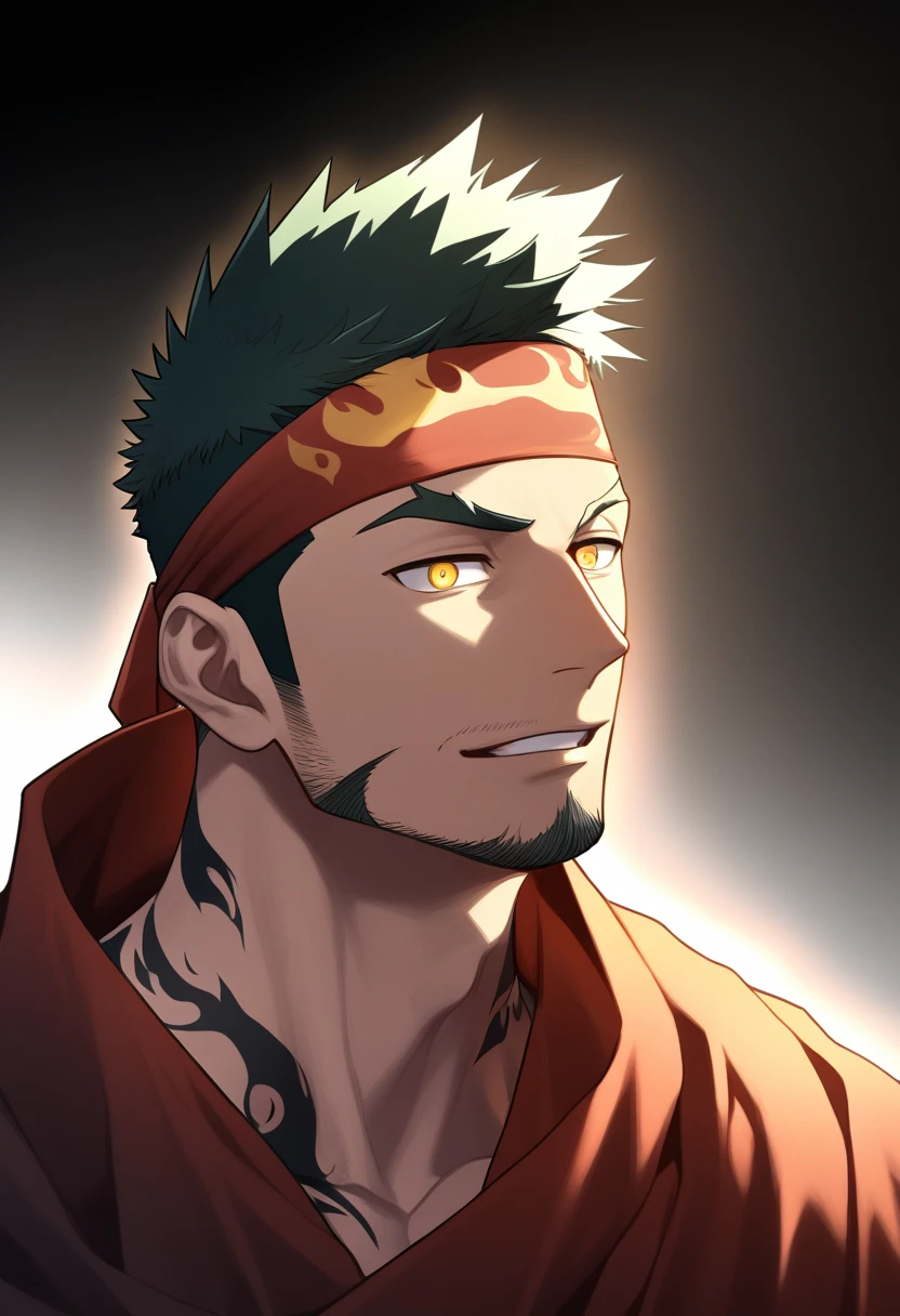 anime characters：Gyee, priapus, 1 muscular man god, Flame tattoo, sports Red headband, Priestly robes, muscular male, muscular, only, Upper body, alone, Black short hair, Thick eyebrows, stubble, Yellow eyes, White background, simple background, amazing quality, best aesthetics, Ridiculous, bright pupils, crew cut, naughty face, torogao, parted lips, god rays, chiaroscuro, drop shadow, best quality