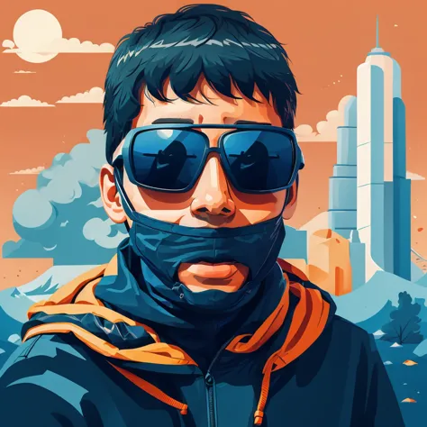 A boy programmer has cover their face wearing sunglasses, coding running on background, vector art 