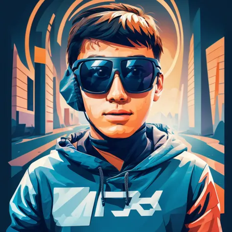 A boy programmer has cover their face wearing sunglasses, coding running on background, vector art 