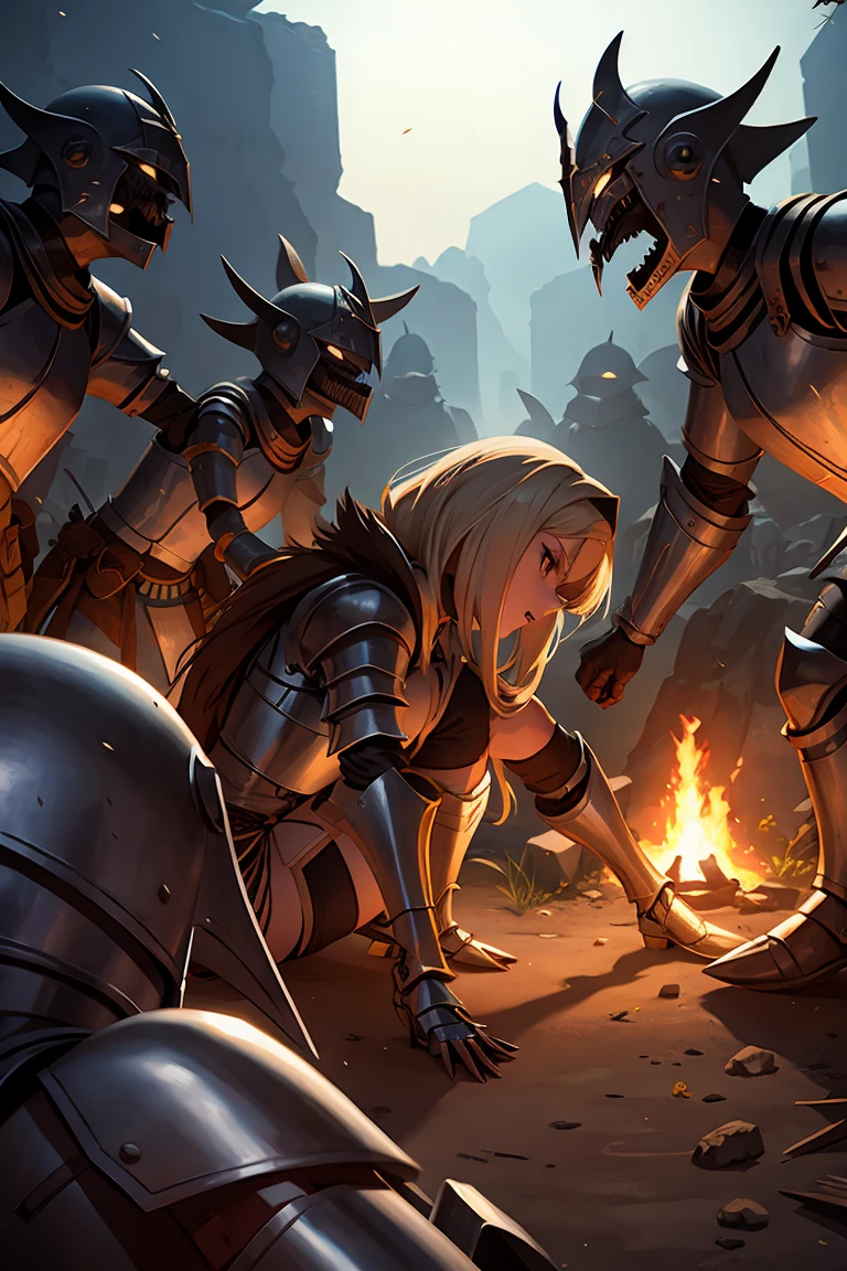 An injured female knight surrounded and attacked by multiple goblins during a battle