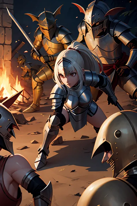 an injured female knight surrounded and attacked by multiple goblins during a battle