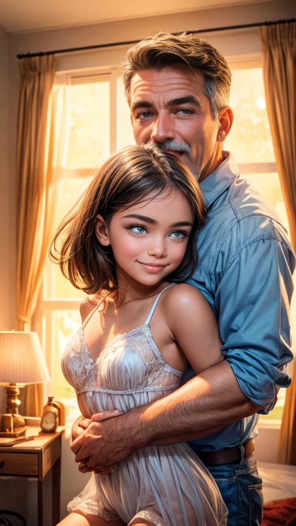 a happy young girl celebrating father's day with her beloved father,father holding the girl from.back the father,  and girl 12 years old, beautiful american girl its 12 years old, dressed transparent lingerie kissing each other with passion, in a bedroom, bright room, candles lit, night time detailed eyes, beautiful detailed lips, extremely detailed eyes and face, long eyelashes, warm embrace, joyful expressions, soft lighting, vibrant colors, photorealistic, 8k, masterpiece, digital art, cinematic, cuerpos completos. Vista al espectador departsmento doleado