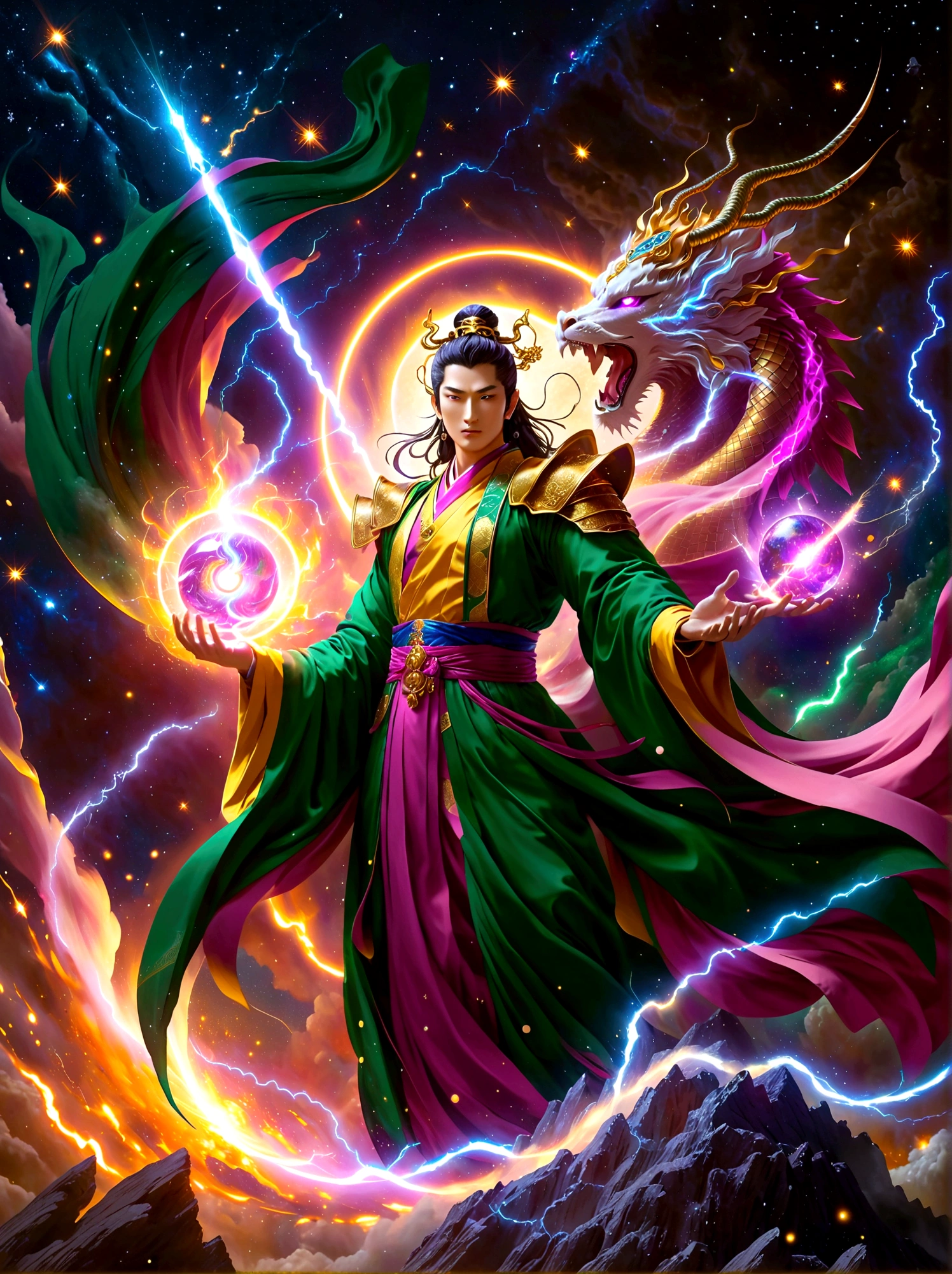 An epic clash between divine beings. The sky showcases extravagant shades of violet, pink, and gold against the backdrop of stars and galaxies. One fierce deity, an East Asian male with burning eyes and white attire, summons lightning, illuminating the battlefield. The other entity, a Middle Eastern female exhibiting serene calm, clad in a flowing green robe, wields a tome radiating ethereal light. Above, cosmic dragons twist and coil, their scales shimmering with stardust as they roar in anticipation. Below, an earth transformed by the battle displays crumbled mountains, roaring oceans, and forests set alight.