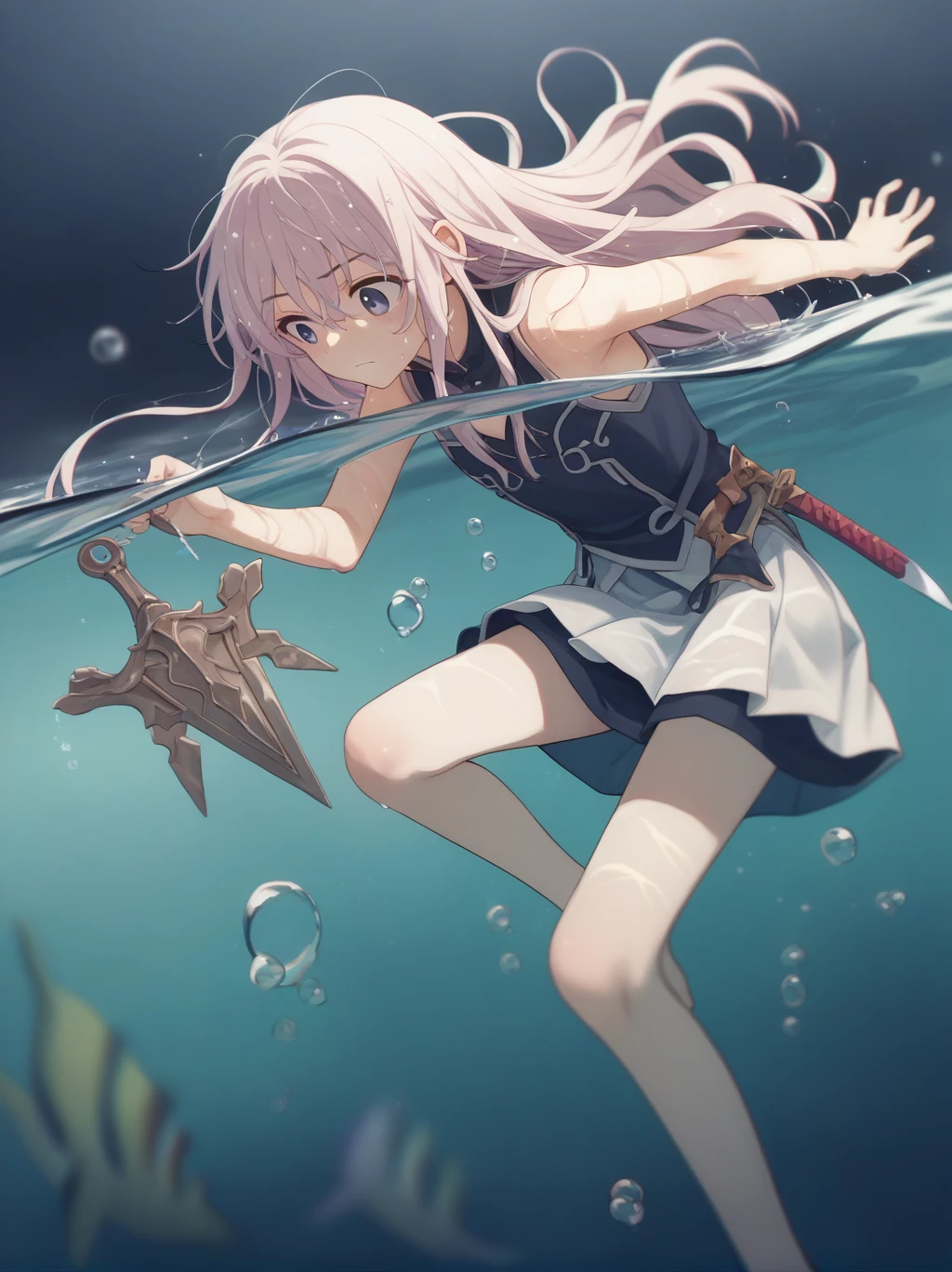  partially underwater, 
Lake Goddess, Long Hair, Wet Hair,
lake,
Dark Background, Blurred Edges,、Adventurer、Flat Chest、Pitch-dark underground labyrinth、No light、skirt、Equipped with a dagger and a shield、Above the neck above the water、Body in water, Underwater Photography、The skirt flips up due to buoyancy