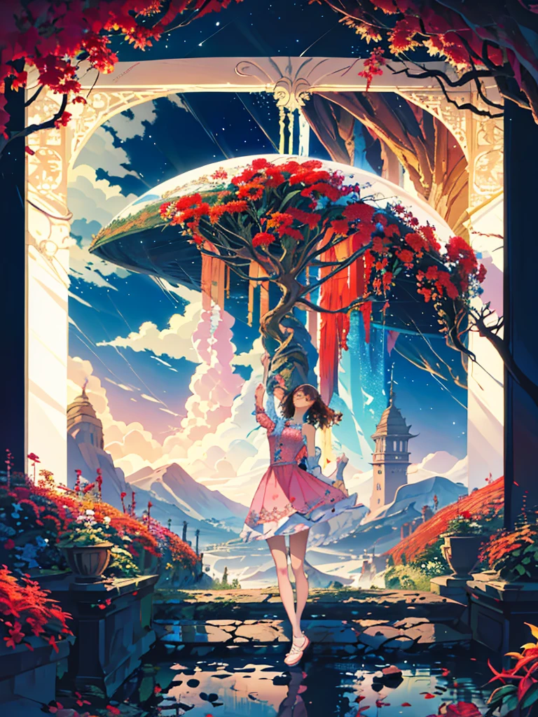 (​masterpiece、top-quality、illustratio、Extremely high quality、high-level image quality、Extremely sensitive writing)Girl with long  hair standing in beautiful flowery garden、A slight smile、She has a large bouquet、Cute national costume style dress with ruffles on the shoulders、Hair fluttering in the wind,(masterpiece, best quality:1.2), cute,(Woman of) unsurpassed beautyglitter background
Spectacular view
One beautiful girl in a thousand years,cute,chinedress