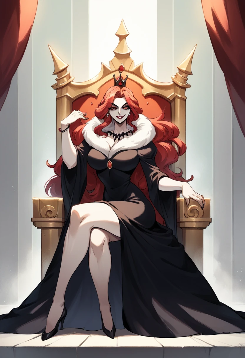 A beautiful woman sitting on a throne, pale skin and flowing red hair, medium legnth hair, dutchess in modest adornment, modest clothing, full dress, fur collar, black dress, warm colours, mature woman, sharp features, innocent smile, evil queen, knoght queen, lodgehouse background, no crown