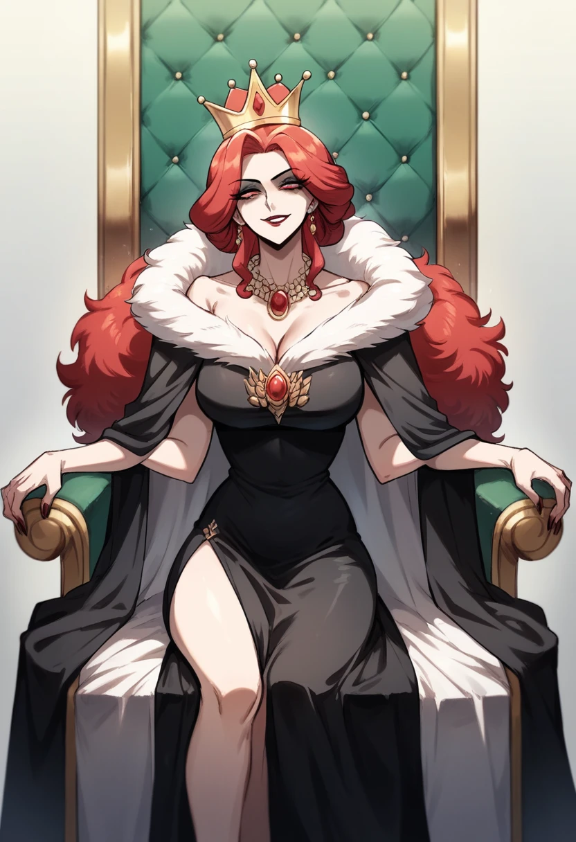 A beautiful woman sitting on a throne, pale skin and flowing red hair, medium legnth hair, dutchess in modest adornment, modest clothing, full dress, fur collar, black dress, warm colours, mature woman, sharp features, innocent smile, evil queen, knoght queen, lodgehouse background, no crown