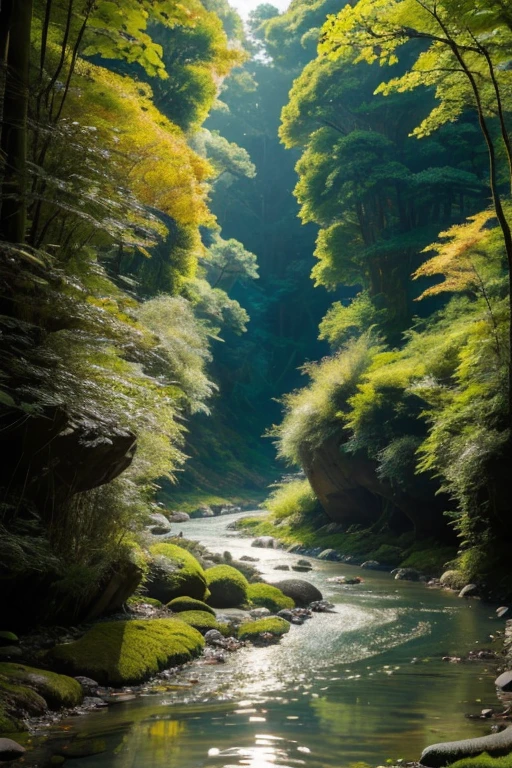 High-resolution 16K images,A creature resembling a salamander,Calm River,wood々Overgrown,Sunlight filters through the wood,The river flows nearby,Nuchi is yawning.,There is a character that looks like a salamander。