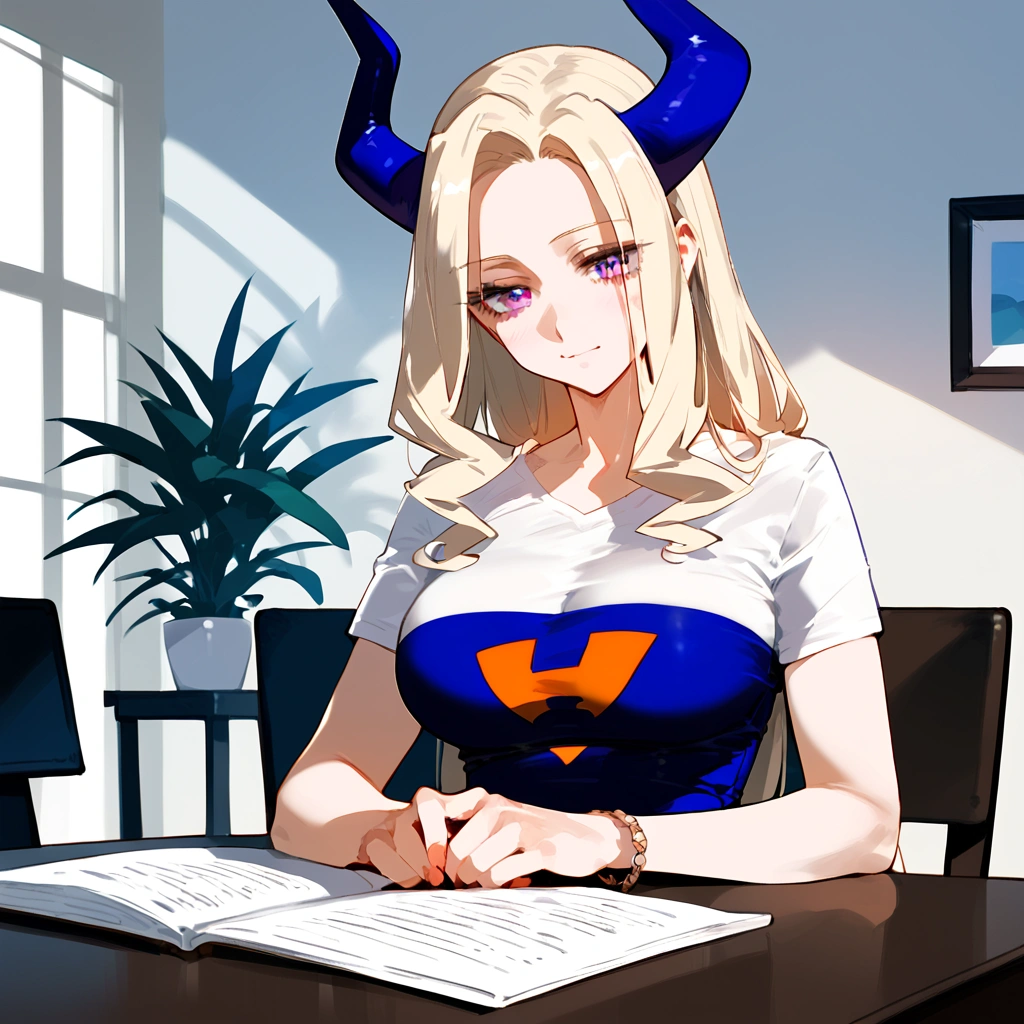 anime artwork, score_9, score_8_up, score_7_up, score_6_up, score_5_up, score_4_up, Mount Lady, blonde hair, purple eyes, big breasts, she is 24 years old, style_3, ,t-shirt, , , , , _,  ov, we are on the date, at table, restaraunt, 