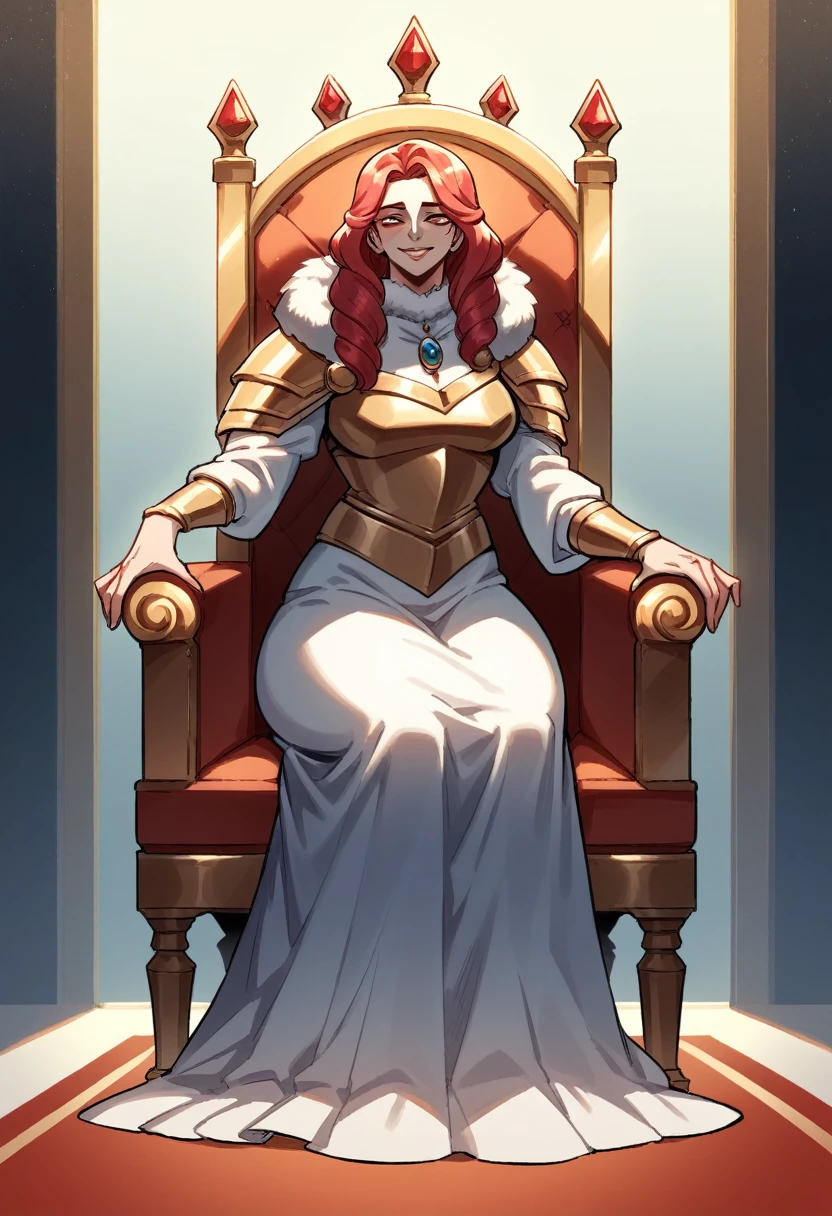 A beautiful woman sitting on a throne, pale skin and flowing red hair, medium legnth hair, dutchess in modest adornment, modest clothing, full dress, fur collar, lightly armoured, plate armour, warm colours, mature woman, sharp features, innocent smile, female knoght, knoght queen, lodgehouse background, no crown