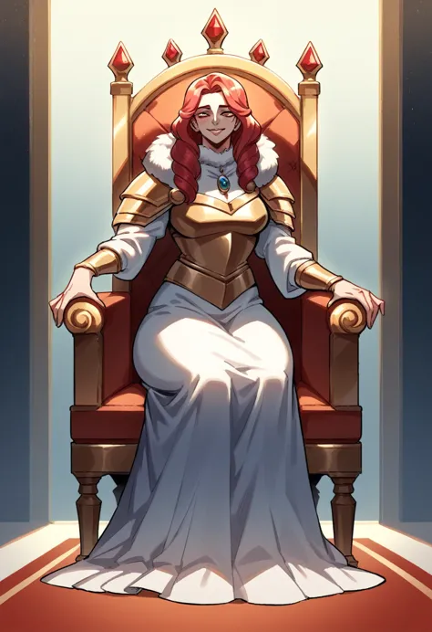 A beautiful woman sitting on a throne, pale skin and flowing red hair, medium legnth hair, dutchess in modest adornment, modest ...