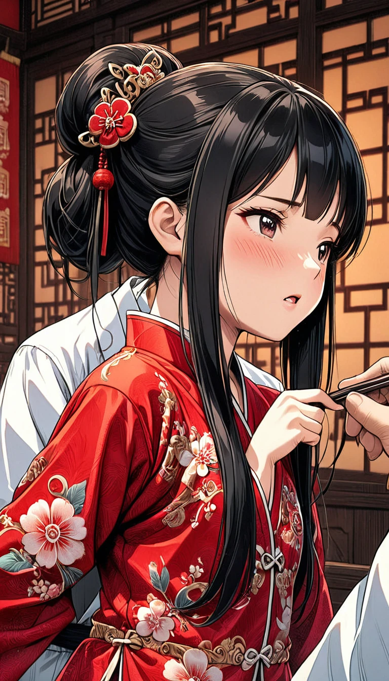 A tragic historical drama in 8k live-action style: Beautiful palace secrets　Beautiful 10 year old Chinese Kung Fu Princess with long black hair has her nipples examined by a doctor and vigorously played with　Gorgeous embroidery, Ultra glossy, She is wearing a shiny red top and bottom long sleeve floral pajama kung fu suit....　　She is blushing and breathing hard.