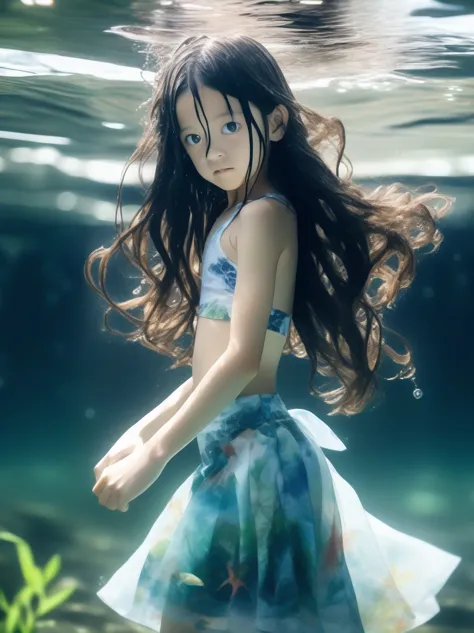  partially underwater, lakeの女神, Long Hair, Wet Hair,
lake,Dark Background, Blurred Edges,8-year-old、Flat Chest、skirt、Above the n...