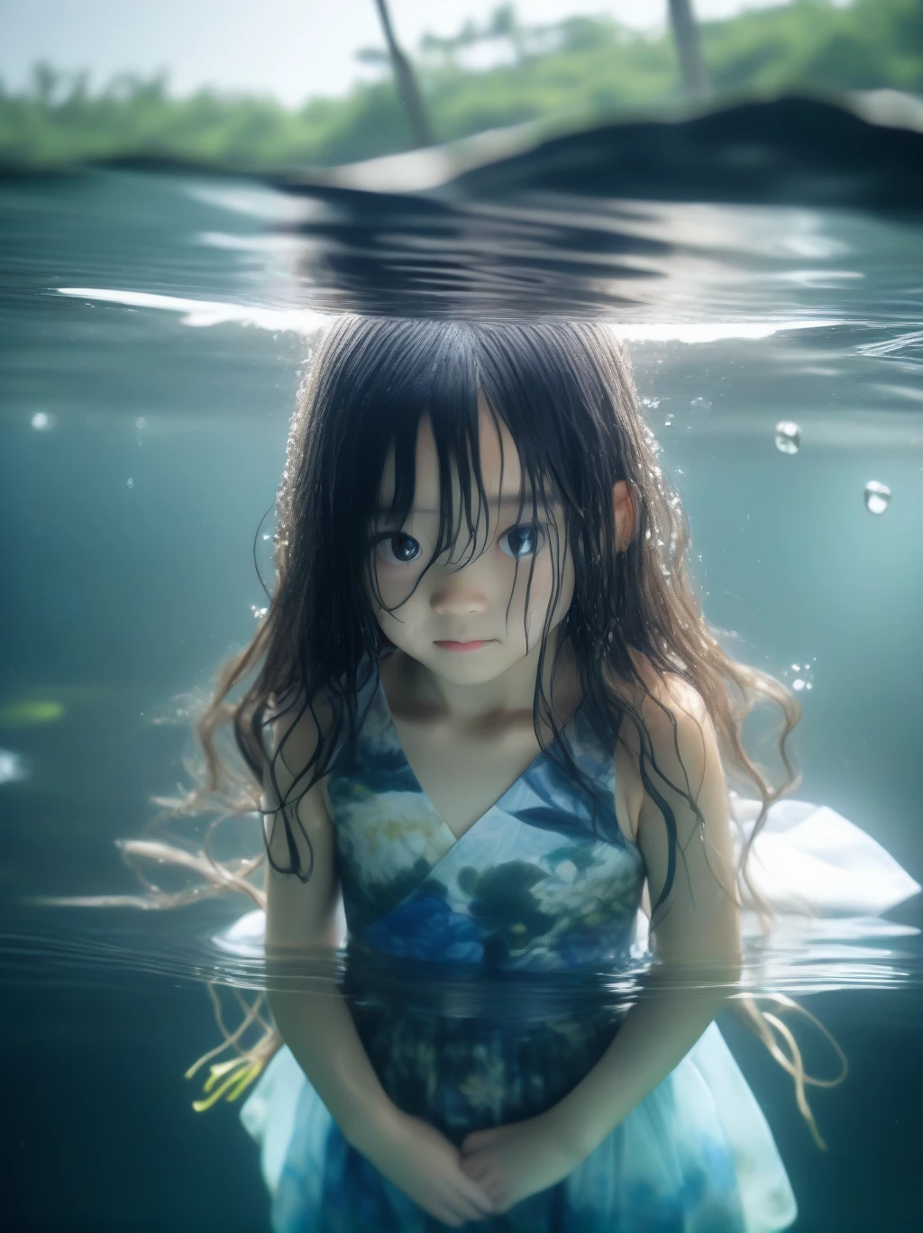  partially underwater, lakeの女神, Long Hair, Wet Hair,
lake,Dark Background, Blurred Edges,8-year-old、Flat Chest、skirt、Above the neck above the water、Body in water, Underwater Photography、浮力でskirtがめくれる