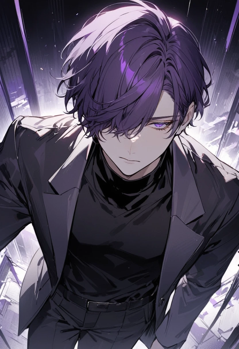 good looking, alone, male, short hair, Hair covering the left eye, Dark lavender hair, Purple eyes, Black Shirt, Black Pants, black and white coat