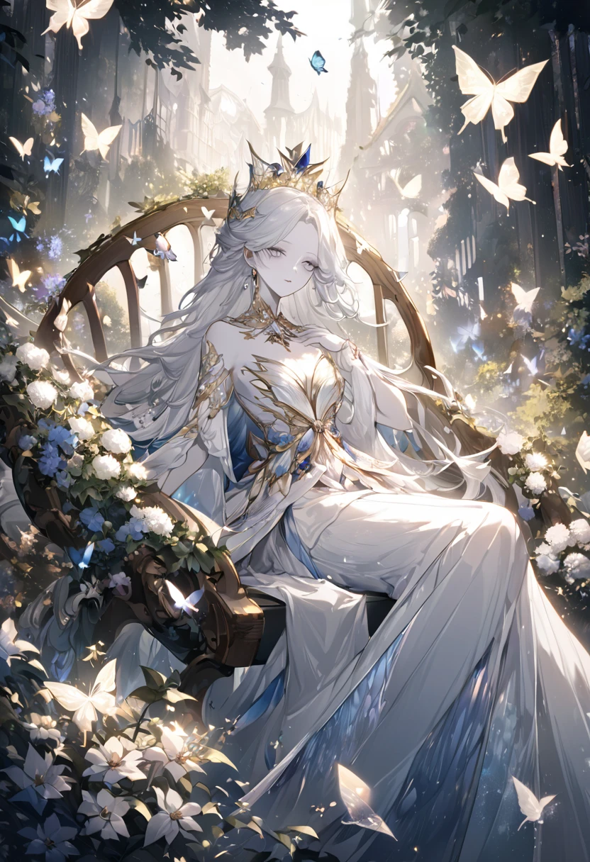 A woman wearing a crown，Sitting on a garden swing，Beautiful and elegant butterfly queen, Gveiz, Fantasy art style, 8k high quality detailed art, Butterfly King, 美しく魅惑的なButterfly King女，Digital fantasy art , Elegance, (Long white hair，White skin，The skin is translucent white，Eyes sparkling，Wearing a beautiful dress，Scalloped Sleeve，Beautiful Face， Pale face），Fresh flowers，particle，shine，Gveiz-style artwork, Uropa Art,