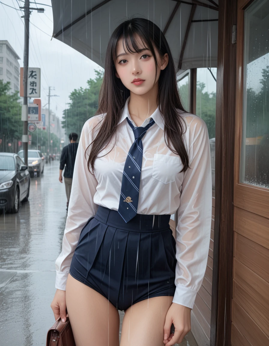 score_9,score_8_up,score_7_up,8K, breasts, A beautiful Japanese woman, High school girl in the rain, （Her uniform is transparent and her underwear is visible.：1.2）、Photorealistic realistic background