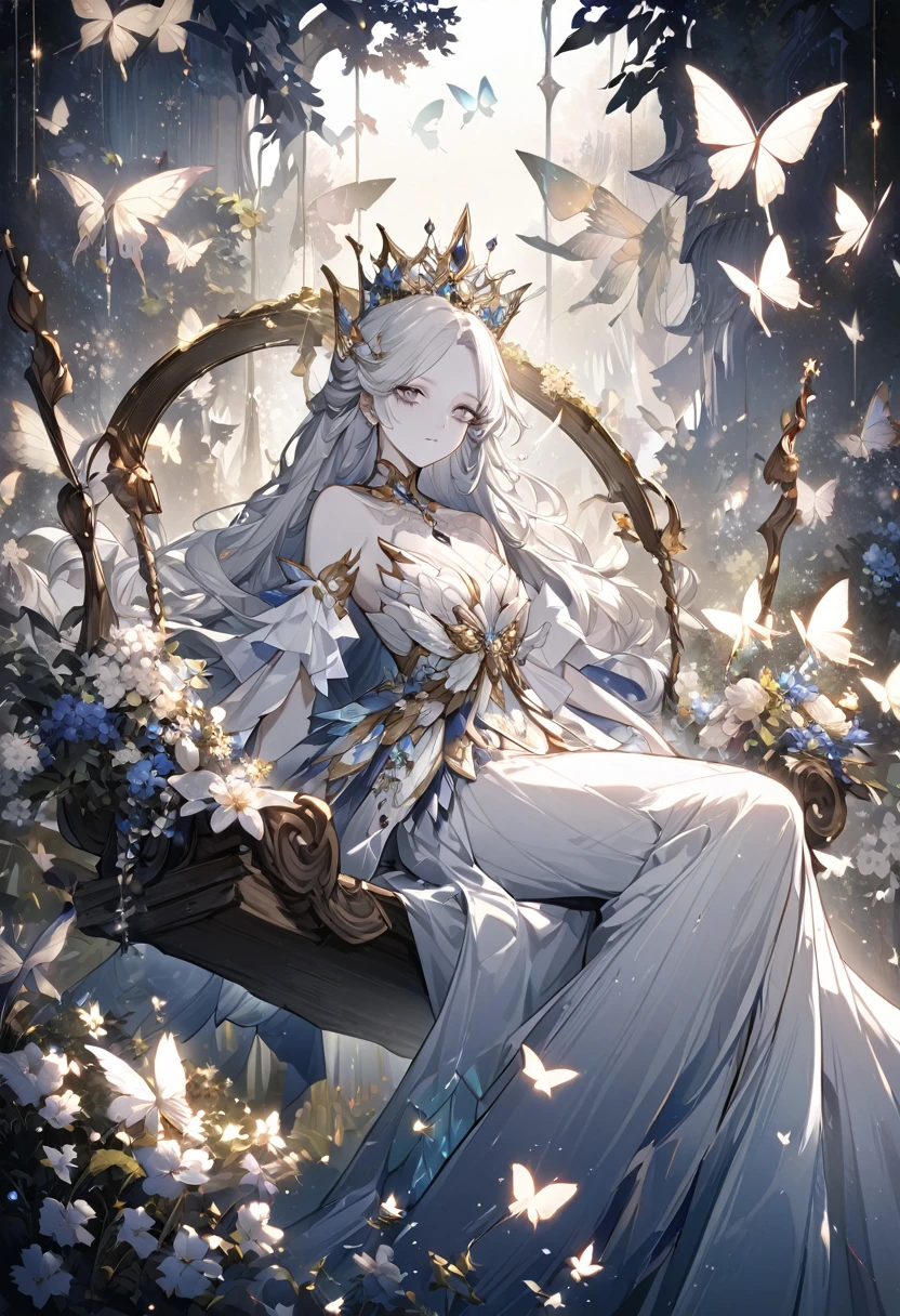 A woman wearing a crown，Sitting on a garden swing，Beautiful and elegant butterfly queen, Gveiz, Fantasy art style, 8k high quality detailed art, Butterfly King, 美しく魅惑的なButterfly King女，Digital fantasy art , Elegance, (Long white hair，White skin，The skin is translucent white，Eyes sparkling，Wearing a beautiful dress，Scalloped Sleeve，Beautiful Face， Pale face），Fresh flowers，particle，shine，Gveiz-style artwork, Uropa Art,